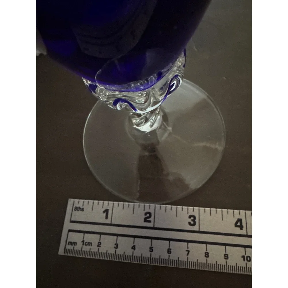 Vintage Cobalt Blue Hand Blown Glass Decanter with Clear Flame Stopper 17 inch